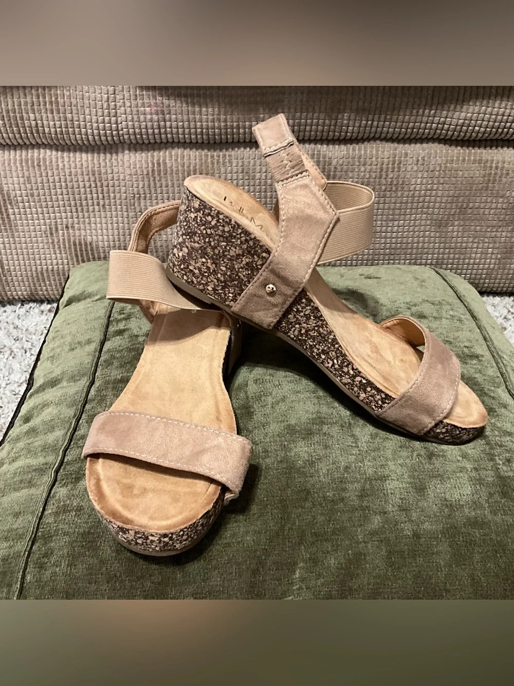 Neutral Taupe Suede Cork Wedge Sandals with Elastic Back